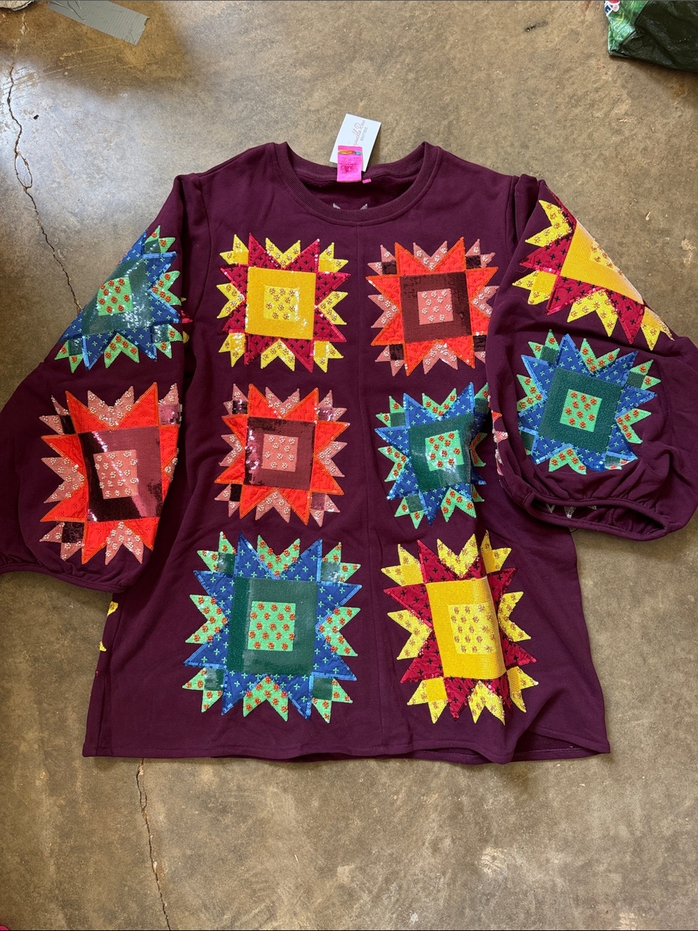 QUEEN OF SPARKLES Burgundy Tunic with Multicolor Star Patchwork